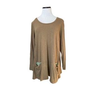 LOGO by Lori Goldstein Womens Slub Knit Tunic Top Size 1X Brown Contrast Pockets